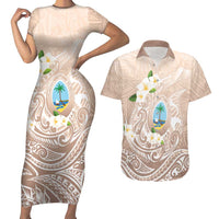 Guam Fishhook Mix Guasali Flowers Couples Matching Short Sleeve Bodycon Dress and Hawaiian Shirt Dreaming Hazel LT7 Beige - Polynesian Pride
