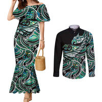 Maori Matariki - Manaia Couples Matching Mermaid Dress and Long Sleeve Button Shirt Emerald Paua Shell