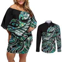 Maori Matariki - Manaia Couples Matching Off Shoulder Short Dress and Long Sleeve Button Shirt Emerald Paua Shell