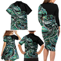Maori Matariki - Manaia Family Matching Long Sleeve Bodycon Dress and Hawaiian Shirt Emerald Paua Shell LT7 - Polynesian Pride