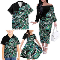 Maori Matariki - Manaia Family Matching Off The Shoulder Long Sleeve Dress and Hawaiian Shirt Emerald Paua Shell LT7 - Polynesian Pride