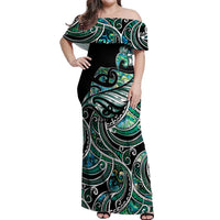 Maori Matariki - Manaia Off Shoulder Maxi Dress Emerald Paua Shell