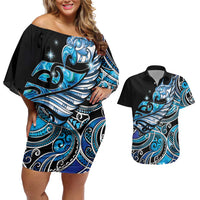 Maori Matariki - Manaia Couples Matching Off Shoulder Short Dress and Hawaiian Shirt Galaxy Blue Paua Shell