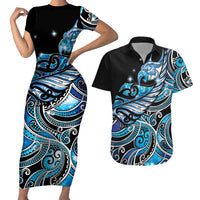 Maori Matariki - Manaia Couples Matching Short Sleeve Bodycon Dress and Hawaiian Shirt Galaxy Blue Paua Shell LT7 Blue - Polynesian Pride