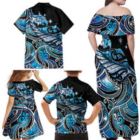 Maori Matariki - Manaia Family Matching Off Shoulder Maxi Dress and Hawaiian Shirt Galaxy Blue Paua Shell LT7 - Polynesian Pride