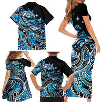 Maori Matariki - Manaia Family Matching Short Sleeve Bodycon Dress and Hawaiian Shirt Galaxy Blue Paua Shell LT7 - Polynesian Pride