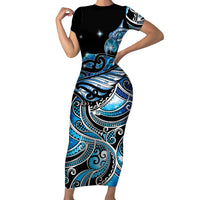 Maori Matariki - Manaia Family Matching Short Sleeve Bodycon Dress and Hawaiian Shirt Galaxy Blue Paua Shell LT7 Mom's Dress Blue - Polynesian Pride