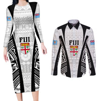 Personalised Fiji Rugby Couples Matching Long Sleeve Bodycon Dress and Long Sleeve Button Shirts 2023 World Cup History Makers - White Ver LT7 White - Polynesian Pride