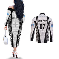 Personalised Fiji Rugby Couples Matching Off The Shoulder Long Sleeve Dress and Long Sleeve Button Shirts 2023 World Cup History Makers - White Ver LT7 - Polynesian Pride