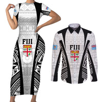 Personalised Fiji Rugby Couples Matching Short Sleeve Bodycon Dress and Long Sleeve Button Shirts 2023 World Cup History Makers - White Ver LT7 White - Polynesian Pride