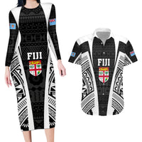 Personalised Fiji Rugby Couples Matching Long Sleeve Bodycon Dress and Hawaiian Shirt 2023 World Cup History Makers - Black Ver LT7 Black - Polynesian Pride