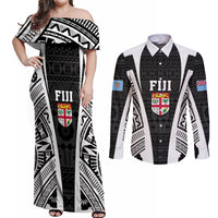 Personalised Fiji Rugby Couples Matching Off Shoulder Maxi Dress and Long Sleeve Button Shirts 2023 World Cup History Makers - Black Ver LT7 Black - Polynesian Pride