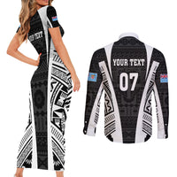 Personalised Fiji Rugby Couples Matching Short Sleeve Bodycon Dress and Long Sleeve Button Shirts 2023 World Cup History Makers - Black Ver LT7 - Polynesian Pride