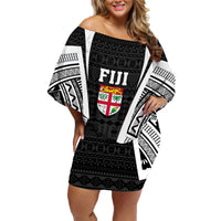 Personalised Fiji Rugby Family Matching Off Shoulder Short Dress and Hawaiian Shirt 2023 World Cup History Makers - Black Ver LT7 Mom's Dress Black - Polynesian Pride