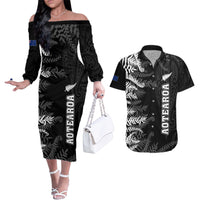 Personalised New Zealand Rugby Couples Matching Off The Shoulder Long Sleeve Dress and Hawaiian Shirt Silver Fern Basic 2023 World Cup LT7 Black - Polynesian Pride
