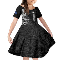 Personalised New Zealand Rugby Family Matching Off Shoulder Long Sleeve Dress and Hawaiian Shirt Silver Fern Basic 2023 World Cup LT7 Daughter's Dress Black - Polynesian Pride
