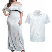 White Sunday Couples Matching Off Shoulder Maxi Dress and Hawaiian Shirt Plumeria Tatau Mix Tapa LT7 White - Polynesian Pride