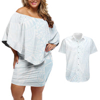 White Sunday Couples Matching Off Shoulder Short Dress and Hawaiian Shirt Plumeria Tatau Mix Tapa LT7 White - Polynesian Pride