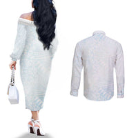 White Sunday Couples Matching Off The Shoulder Long Sleeve Dress and Long Sleeve Button Shirt Plumeria Tatau Mix Tapa LT7 - Polynesian Pride