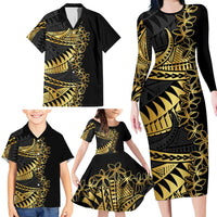 Polynesia Family Matching Long Sleeve Bodycon Dress and Hawaiian Shirt Black & Gold Fancy Plumeria LT7 - Polynesian Pride