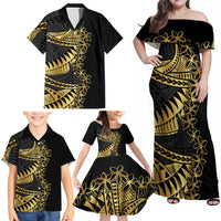 Polynesia Family Matching Off Shoulder Maxi Dress and Hawaiian Shirt Black & Gold Fancy Plumeria LT7 - Polynesian Pride