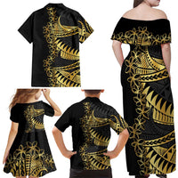 Polynesia Family Matching Off Shoulder Maxi Dress and Hawaiian Shirt Black & Gold Fancy Plumeria LT7 - Polynesian Pride