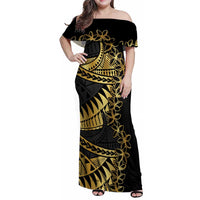 Polynesia Family Matching Off Shoulder Maxi Dress and Hawaiian Shirt Black & Gold Fancy Plumeria LT7 Mom's Dress Black Gold - Polynesian Pride