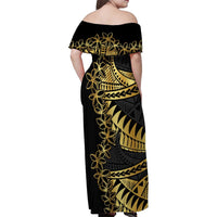 Polynesia Family Matching Off Shoulder Maxi Dress and Hawaiian Shirt Black & Gold Fancy Plumeria LT7 - Polynesian Pride