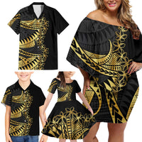 Polynesia Family Matching Off Shoulder Short Dress and Hawaiian Shirt Black & Gold Fancy Plumeria LT7 - Polynesian Pride