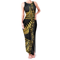 Polynesia Family Matching Tank Maxi Dress and Hawaiian Shirt Black & Gold Fancy Plumeria LT7 Mom's Dress Black Gold - Polynesian Pride
