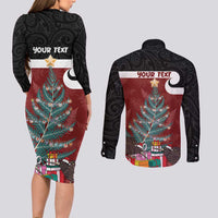 Personalised New Zealand Maori Christmas Couples Matching Long Sleeve Bodycon Dress and Long Sleeve Button Shirt Xmas Fern Mix Kowhawhai LT7 - Polynesian Pride