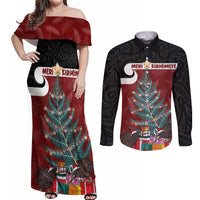 Personalised New Zealand Maori Christmas Couples Matching Off Shoulder Maxi Dress and Long Sleeve Button Shirt Xmas Fern Mix Kowhawhai LT7 Black - Polynesian Pride