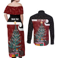 Personalised New Zealand Maori Christmas Couples Matching Off Shoulder Maxi Dress and Long Sleeve Button Shirt Xmas Fern Mix Kowhawhai LT7 - Polynesian Pride