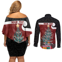 Personalised New Zealand Maori Christmas Couples Matching Off Shoulder Short Dress and Long Sleeve Button Shirt Xmas Fern Mix Kowhawhai LT7 - Polynesian Pride