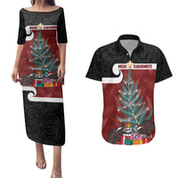 Personalised New Zealand Maori Christmas Couples Matching Puletasi and Hawaiian Shirt Xmas Fern Mix Kowhawhai LT7 Black - Polynesian Pride