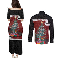 Personalised New Zealand Maori Christmas Couples Matching Puletasi and Long Sleeve Button Shirt Xmas Fern Mix Kowhawhai LT7 - Polynesian Pride