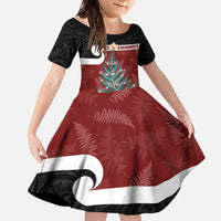 Personalised New Zealand Maori Christmas Family Matching Off The Shoulder Long Sleeve Dress and Hawaiian Shirt Xmas Fern Mix Kowhawhai LT7 Daughter's Dress Black - Polynesian Pride