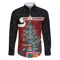 Personalised New Zealand Maori Christmas Family Matching Off Shoulder Maxi Dress and Hawaiian Shirt Xmas Fern Mix Kowhawhai LT7 Dad's Shirt - Long Sleeve Black - Polynesian Pride