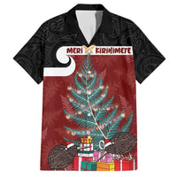 Personalised New Zealand Maori Christmas Family Matching Puletasi and Hawaiian Shirt Xmas Fern Mix Kowhawhai LT7 Dad's Shirt - Short Sleeve Black - Polynesian Pride