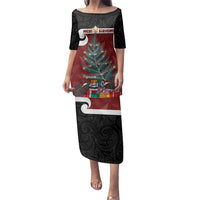 Personalised New Zealand Maori Christmas Family Matching Puletasi and Hawaiian Shirt Xmas Fern Mix Kowhawhai LT7 Mom's Dress Black - Polynesian Pride