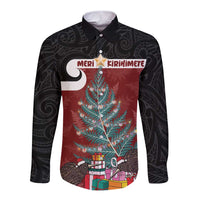 Personalised New Zealand Maori Christmas Long Sleeve Button Shirt Xmas Fern Mix Kowhawhai LT7 Unisex Black - Polynesian Pride