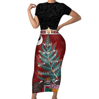 Personalised New Zealand Maori Christmas Short Sleeve Bodycon Dress Xmas Fern Mix Kowhawhai LT7 Long Dress Black - Polynesian Pride