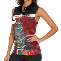 Personalised New Zealand Maori Christmas Women Sleeveless Polo Shirt Xmas Fern Mix Kowhawhai LT7 - Polynesian Pride