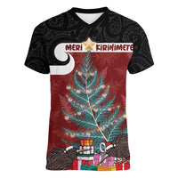 Personalised New Zealand Maori Christmas Women V-Neck T-Shirt Xmas Fern Mix Kowhawhai LT7 Female Black - Polynesian Pride