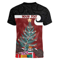 Personalised New Zealand Maori Christmas Women V-Neck T-Shirt Xmas Fern Mix Kowhawhai LT7 - Polynesian Pride