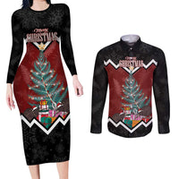 Personalised New Zealand Christmas Couples Matching Long Sleeve Bodycon Dress and Long Sleeve Button Shirt Xmas Fern and Kiwi Birds LT7 Black - Polynesian Pride
