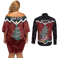 Personalised New Zealand Christmas Couples Matching Off Shoulder Short Dress and Long Sleeve Button Shirt Xmas Fern and Kiwi Birds LT7 - Polynesian Pride