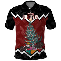Personalised New Zealand Christmas Polo Shirt Xmas Fern and Kiwi Birds LT7 Black - Polynesian Pride