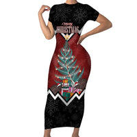 Personalised New Zealand Christmas Short Sleeve Bodycon Dress Xmas Fern and Kiwi Birds LT7 Long Dress Black - Polynesian Pride