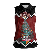 Personalised New Zealand Christmas Women Sleeveless Polo Shirt Xmas Fern and Kiwi Birds LT7 Female Black - Polynesian Pride